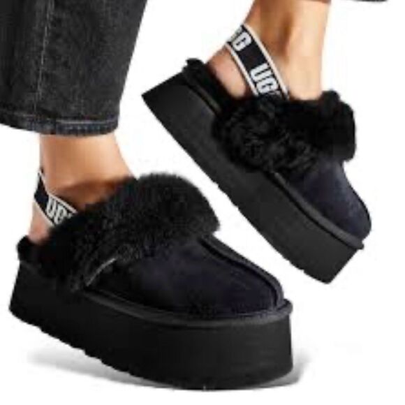 UGG Shoes - UGG Women's Funkette black fluffy slippers with thick platform sole 8
